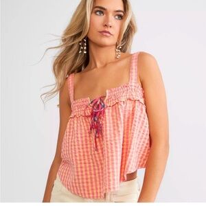 Free People Picnic Party Cropped Gingham Pink Yellow Cotton Tank Top
